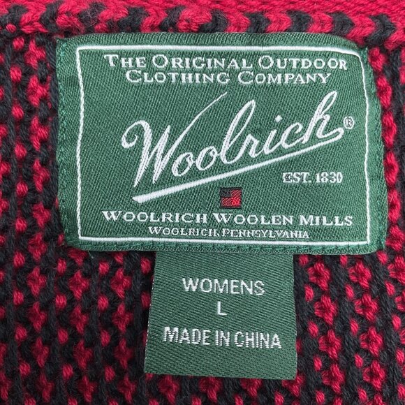 Woolrich‎ Cardigan Women Large Red Black Zip Basket Weave Check Cotton Sweater - Picture 3 of 11